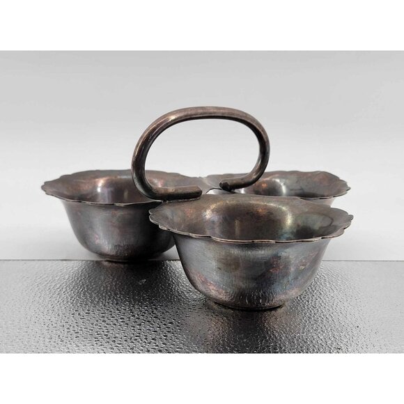 Vintage Silver-Plated Triple Bowl Condiment Server With Handle - Picture 3 of 5